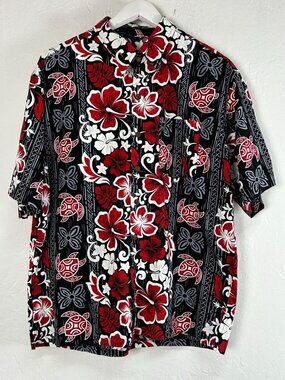 Montana Mens Hawaiian Shirt XXL Black Red Floral & Turtle Print Button-Up Casual